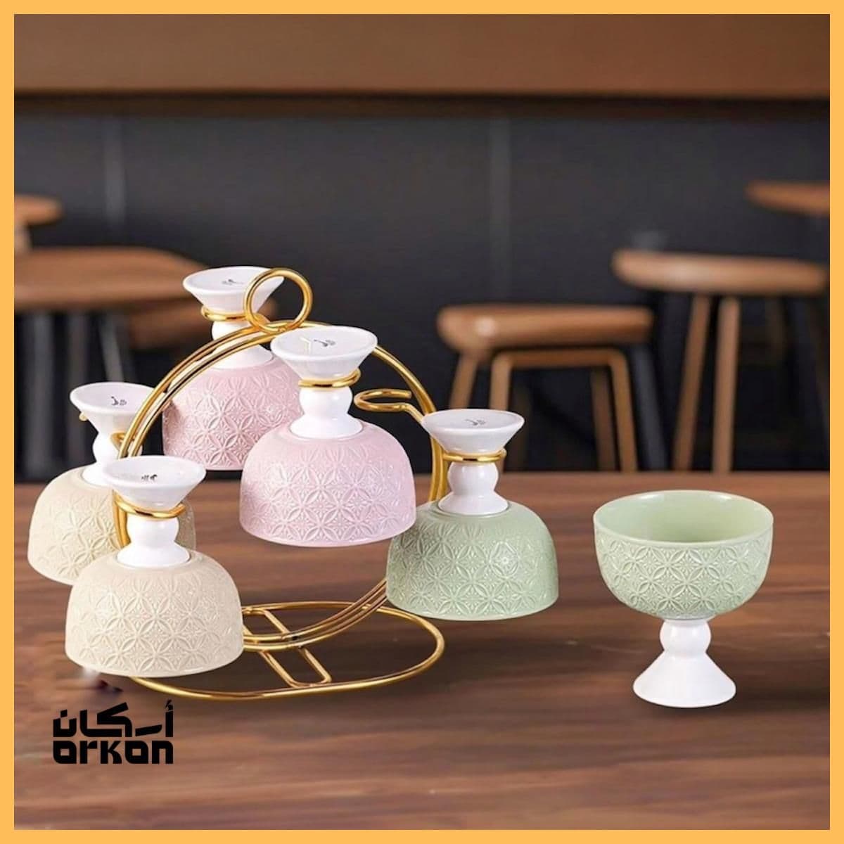 Ice Cream Bowl Set with Golden Steel Holder (6 Pieces)