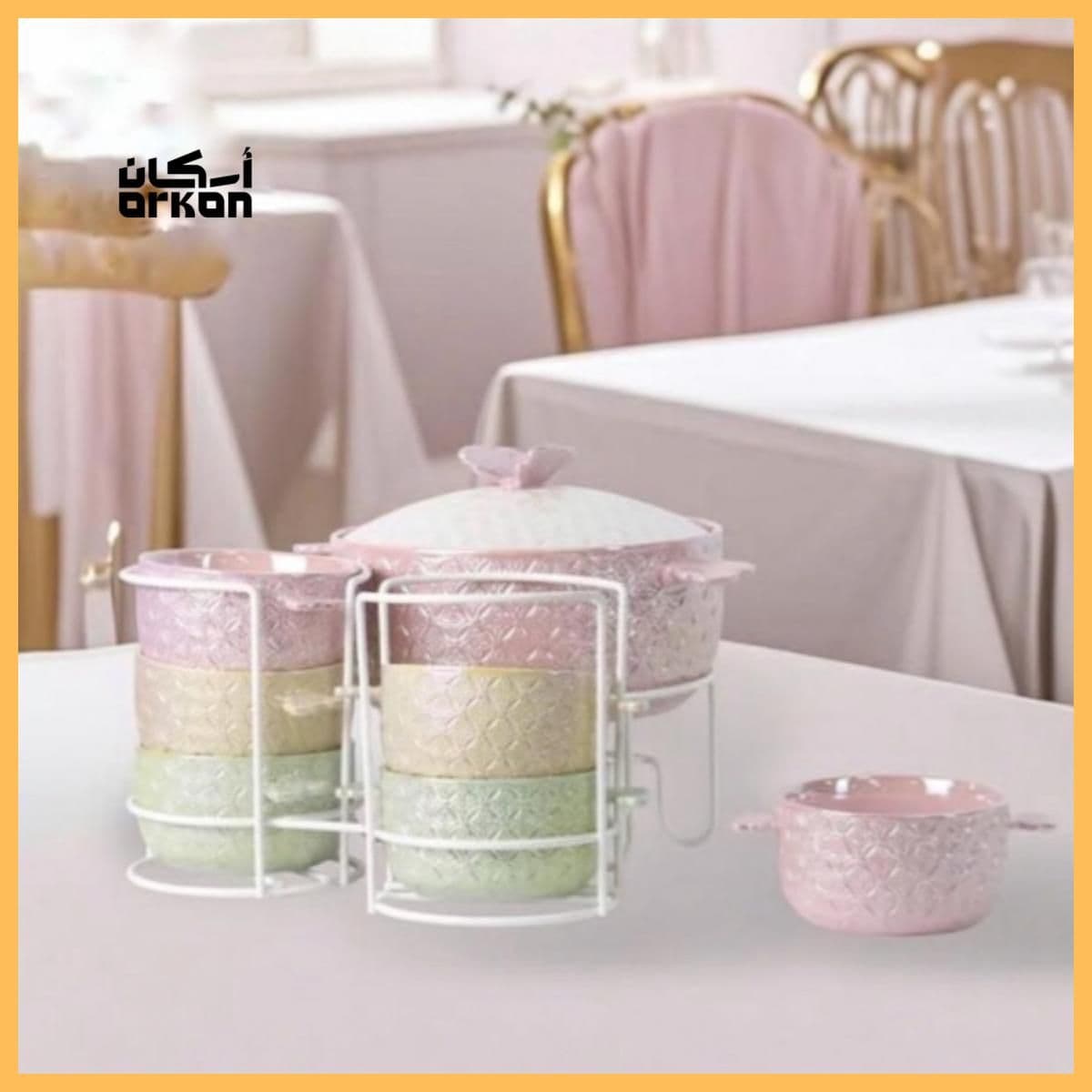 Soup Mug Set with Soup Pot and White Steel Holder (8 Pieces)