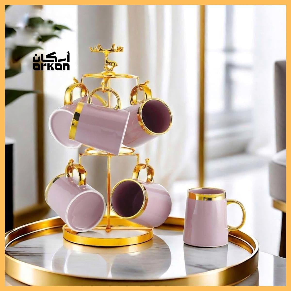 Coffee Mug Set on Golden Steel Holder (6 Pieces)