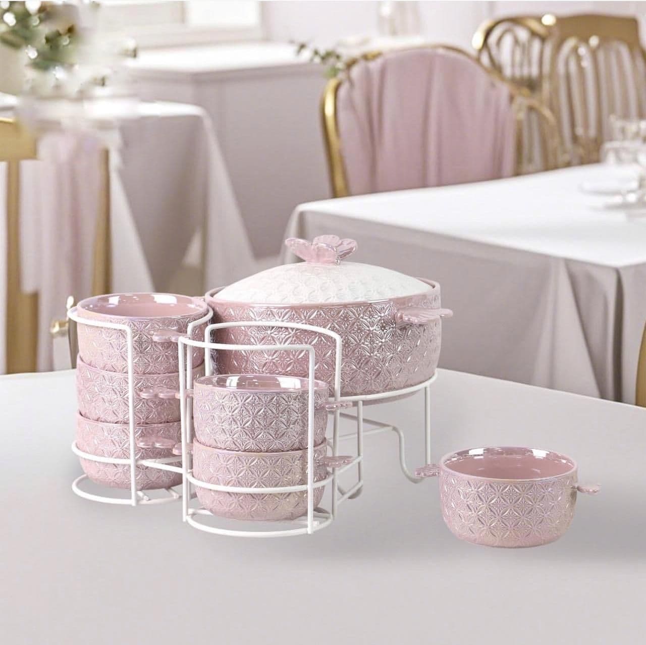 Soup Mug Set with Soup Pot and White Steel Holder (8 Pieces)