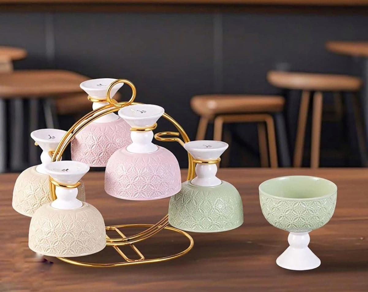 Ice Cream Bowl Set with Golden Steel Holder (6 Pieces)