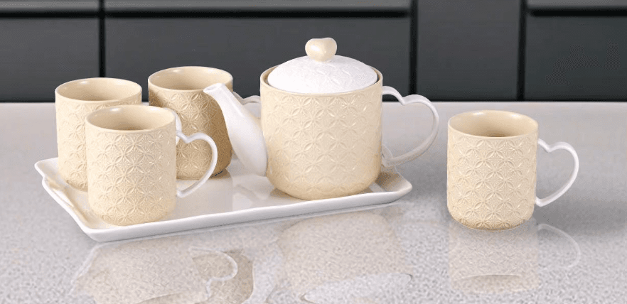 Café Mug Set with Teapot and Serving Tray (6 Pieces)