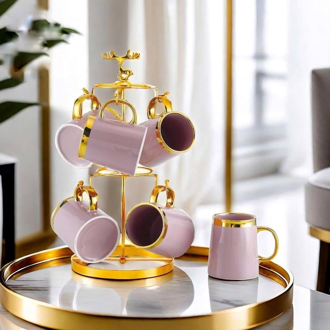 Coffee Mug Set on Golden Steel Holder (6 Pieces)