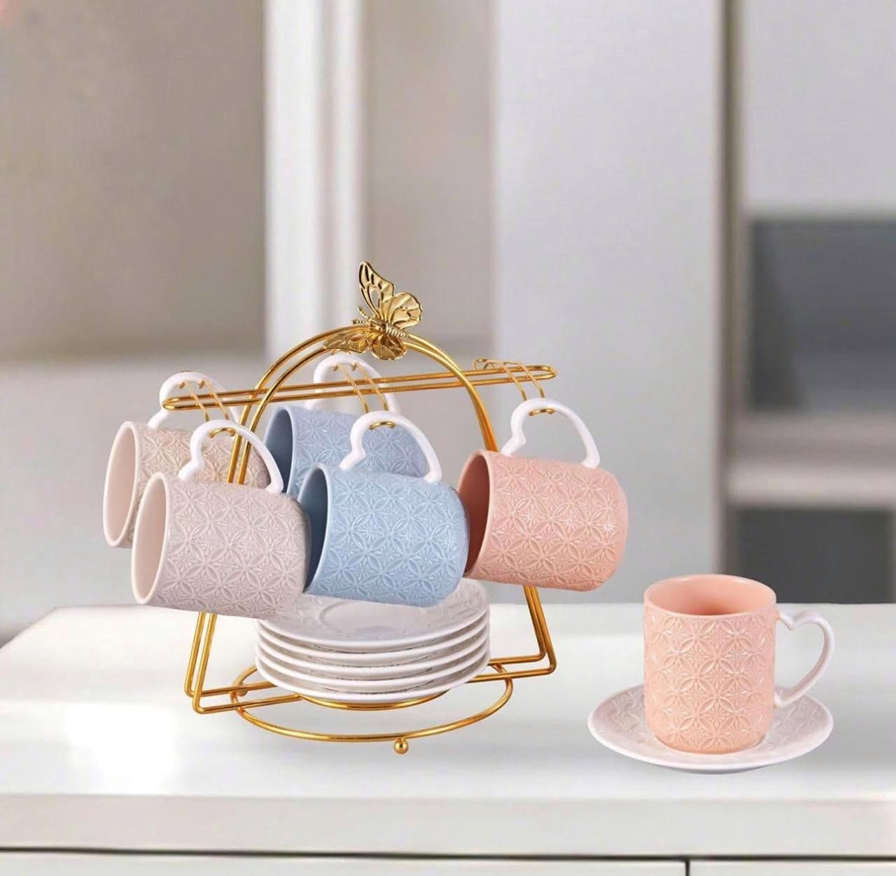 Tea Set with Golden Steel Holder (12 Pieces)