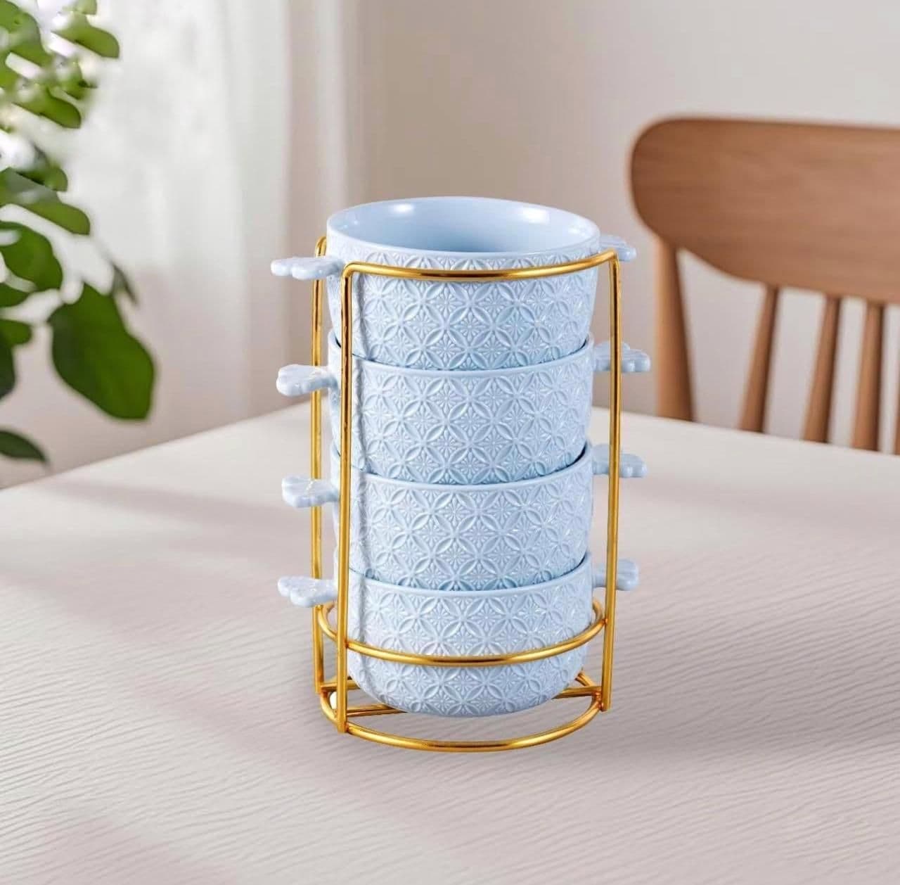 Soup Mug Set with Golden Steel Holder (4 Pieces)